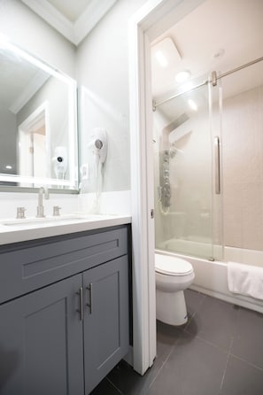 Hair dryer, towels, toilet paper