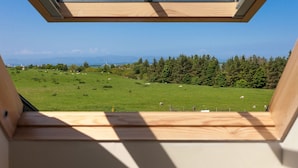 A view from a room with a skylight, overlooking a green field with sheep and trees. - 2 Eden Cottage - sleeps 8 guests  in 3 bedrooms (Linlithgow)