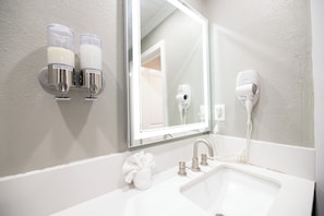 Hair dryer, towels, toilet paper