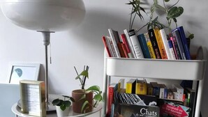 A white bookshelf with books and toys, a small potted plant, and a floor lamp. - Studio good vibes only (Toulouse)