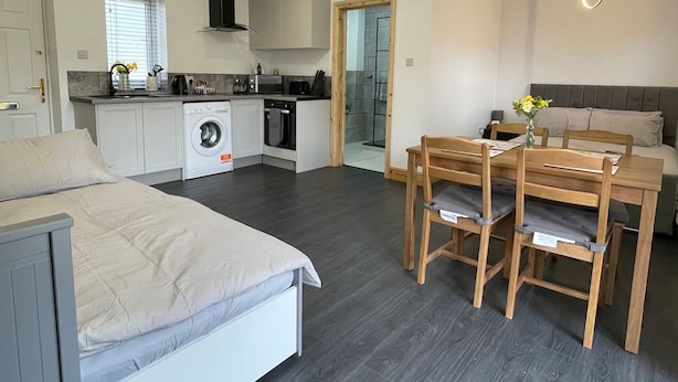 Un apartamento moderno y funcional con kitchenette, comedor, dormitorio y baño.
