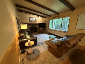 Smart TV, fireplace, books
