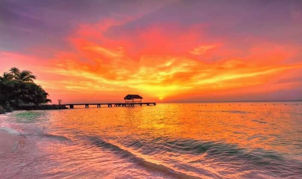 Ein Sonnenuntergang über einem Strand mit einem Steg und Palmen.