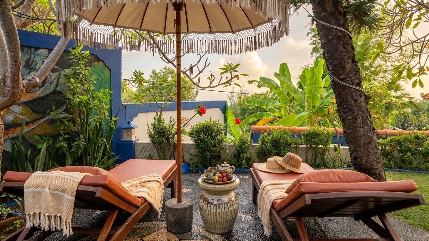 A serene outdoor seating area with two lounge chairs, a small table with fruits and a teapot, and a decorative umbrella.