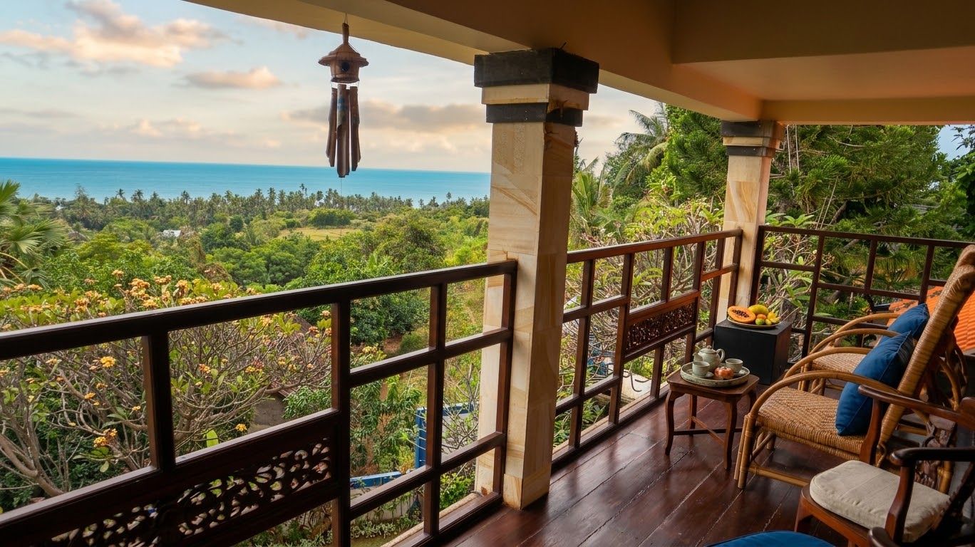 Ein Balkon mit Blick auf das Meer und üppiges Grün.
