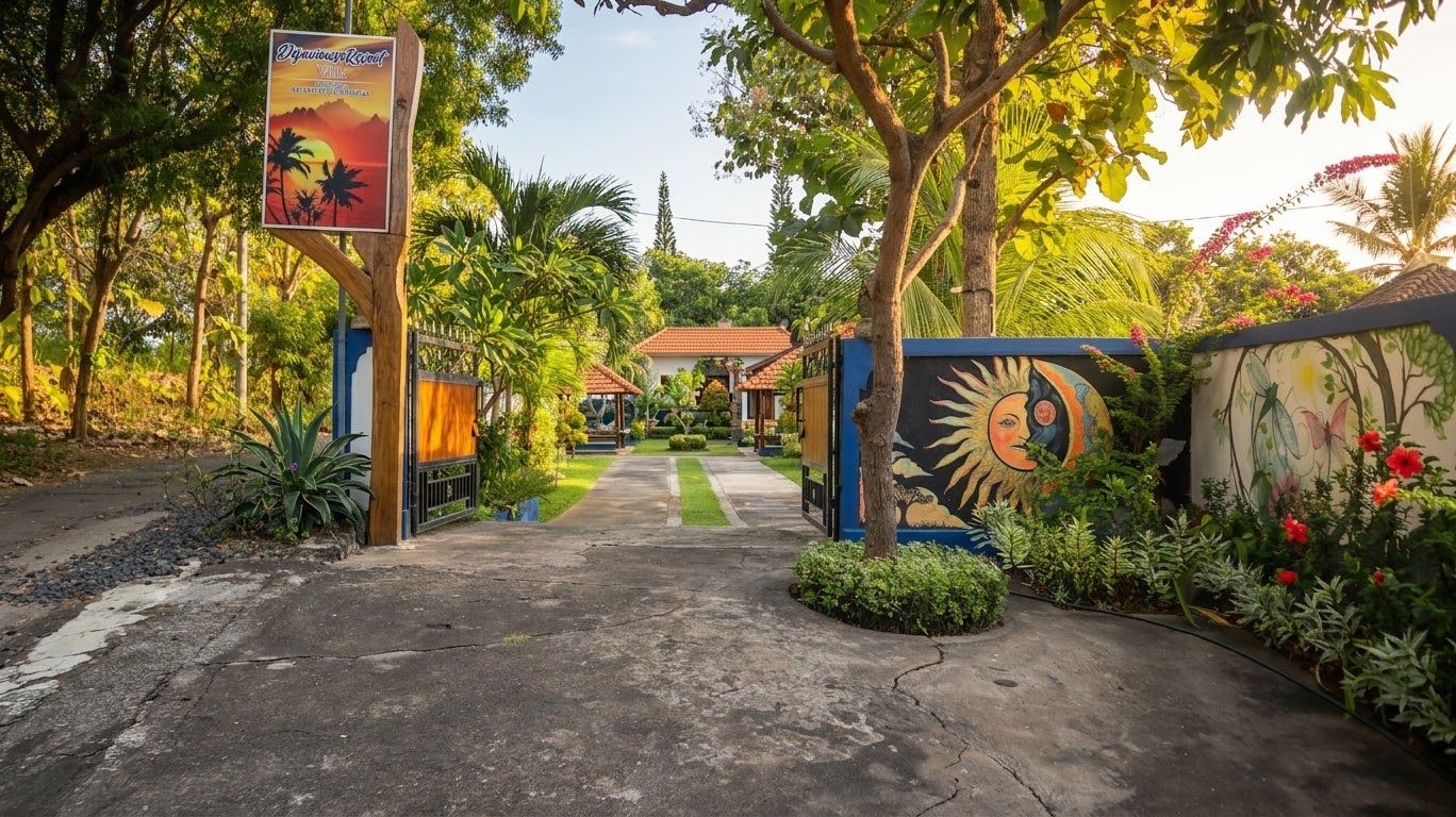 Ein Weg führt zu einem Gebäude, dessen Wand ein Sonnengemälde ziert.