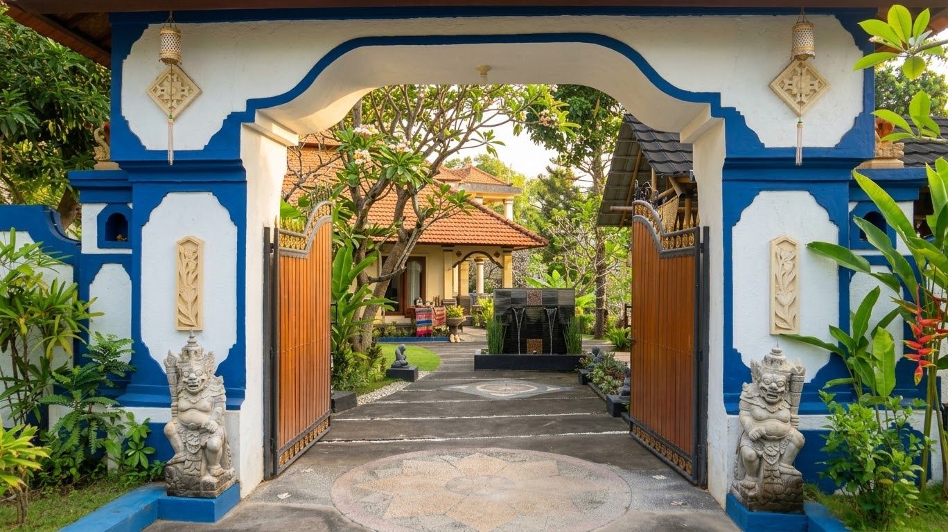 A traditional gate with a pathway leading to a building, surrounded by lush greenery.