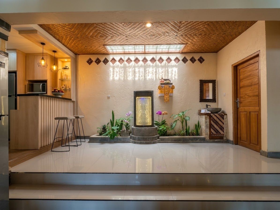 A modern kitchen with wooden cabinets, a microwave, and a sink.