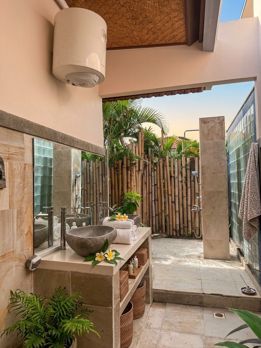 A modern bathroom with a large mirror, a stone basin, and a shower area.
