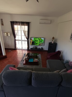 A living room with a sofa, a television, a fireplace, and a window with curtains.