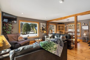 Smart TV, fireplace, table football, books
