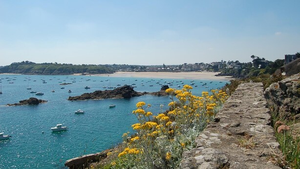 Blick auf die Küste mit Booten auf dem Wasser, einem Sandstrand und einem Kiesweg mit gelben Blumen.