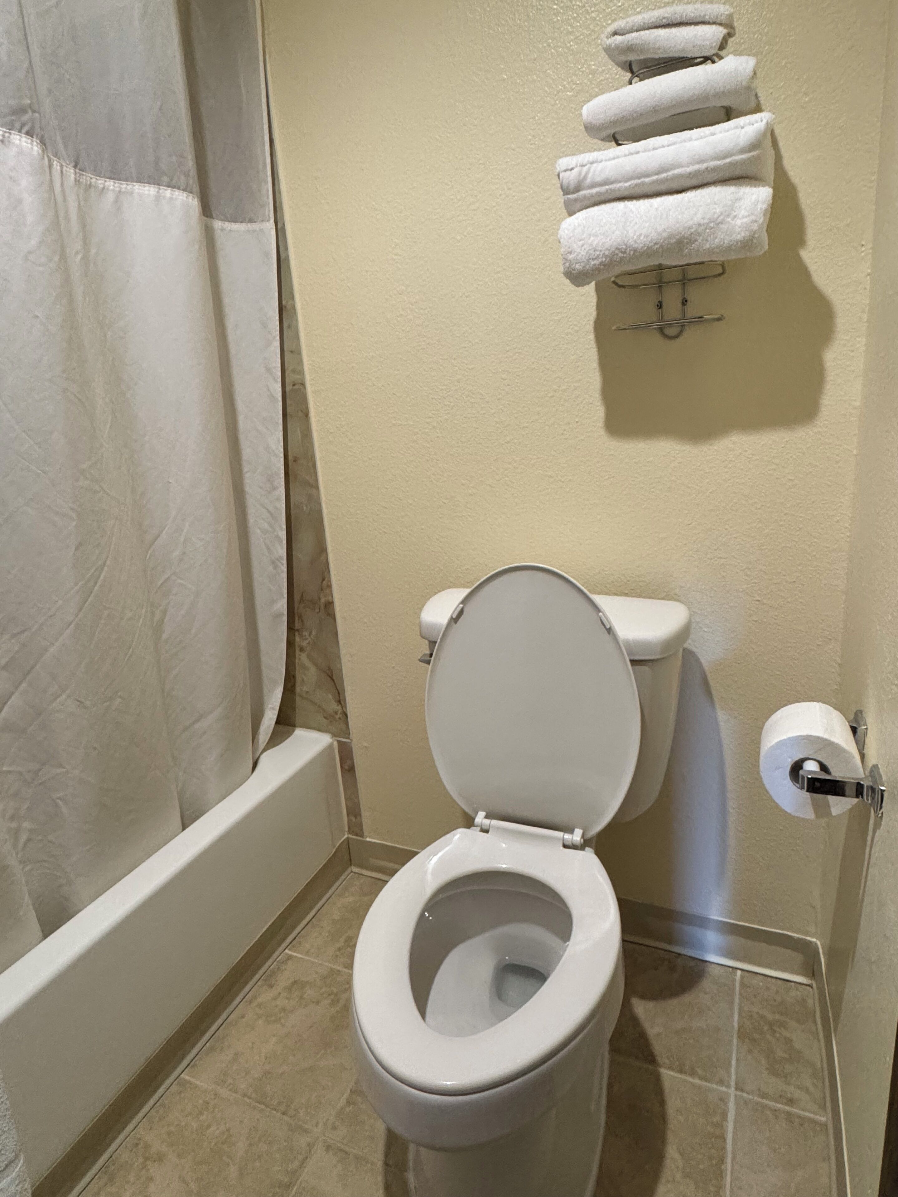 A bathroom with a toilet, a towel rack with multiple towels, a shower curtain, and a toilet paper holder.
