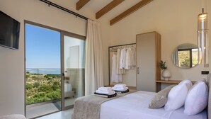 A bedroom with a bed, a mirror, a TV, and a balcony with a view.