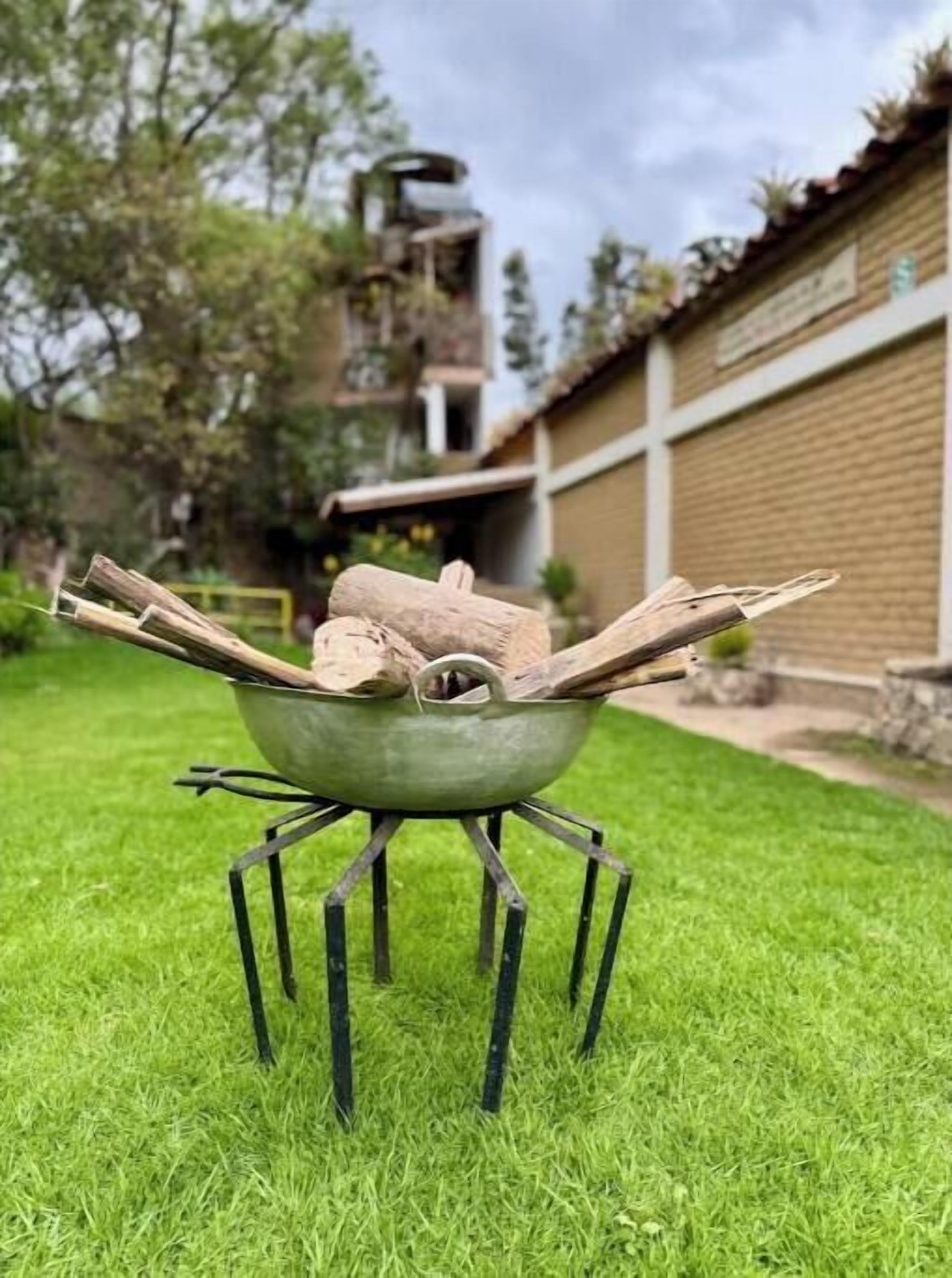 Ein Metallgrill mit Holzscheiten auf einer grünen Rasenfläche, umgeben von Bäumen und einem Gebäude im Hintergrund.