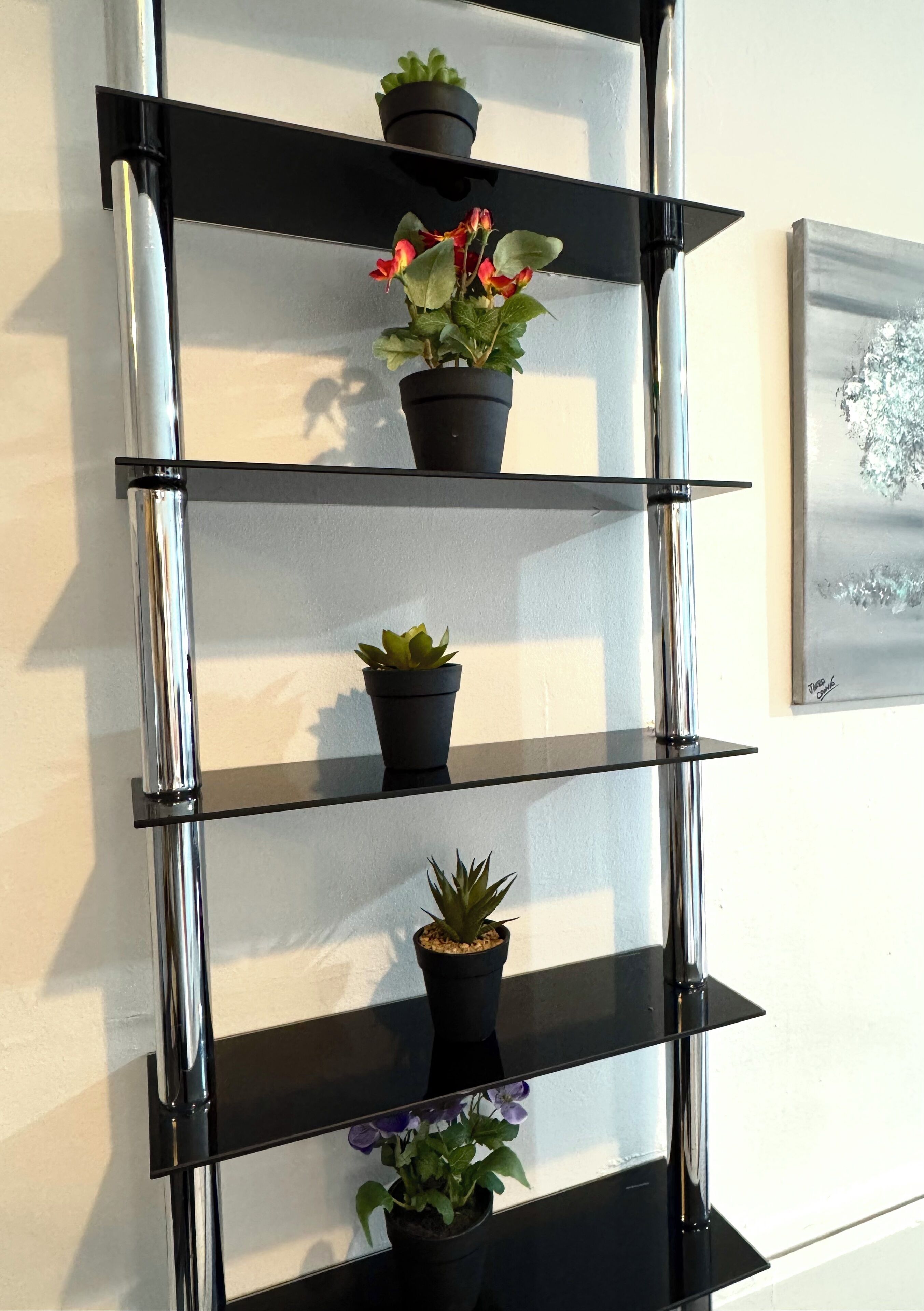 Een zwart metalen rek met drie planken, elk met een potplant.