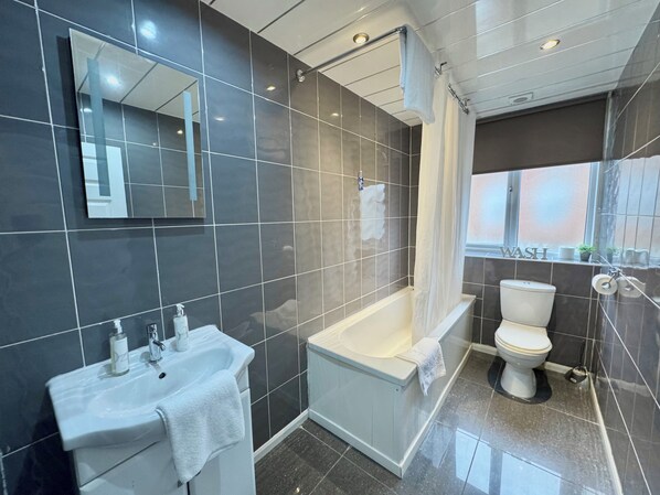 Hair dryer, towels, soap, toilet paper