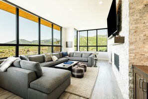 Smart TV, caminetto, libri, studio