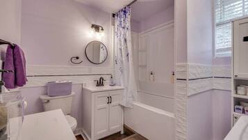 Hair dryer, towels, soap, toilet paper
