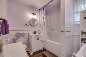 Hair dryer, towels, soap, toilet paper