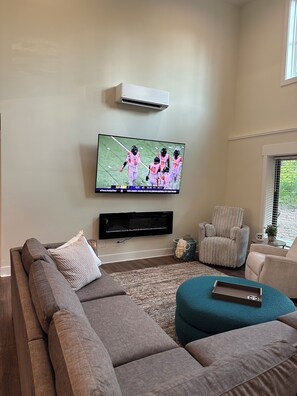 Smart TV, fireplace, video games, table football