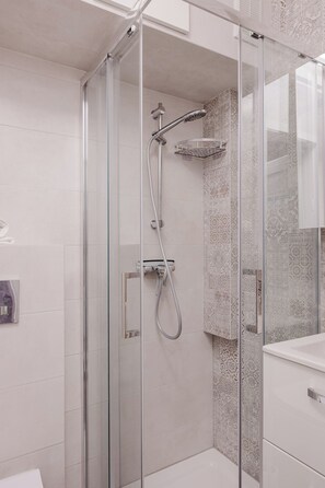 Shower, hair dryer, towels