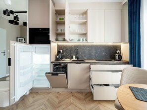 Fridge, microwave, oven, dishwasher