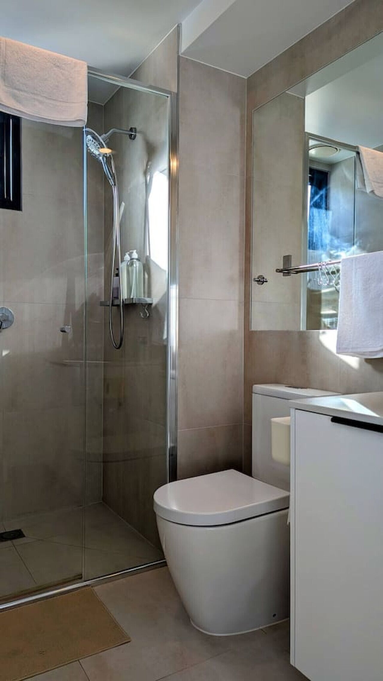 A modern bathroom with a glass-enclosed shower, a white toilet, and a large mirror above the sink.