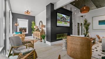 Smart TV, fireplace, books, music library