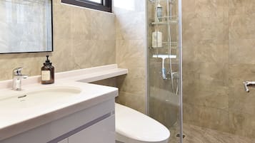 Shower, hair dryer, bidet, towels