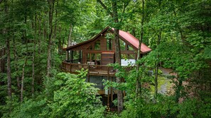 A cabin surrounded by dense forest. - Mountain Views! Private Cabin, Firepit & Hot Tub, Fireplace--Dog Friendly! (Cherry Log)