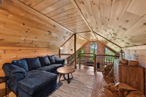 Smart TV, chimenea, libros, estéreo