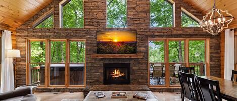 Smart TV, fireplace, books, stereo