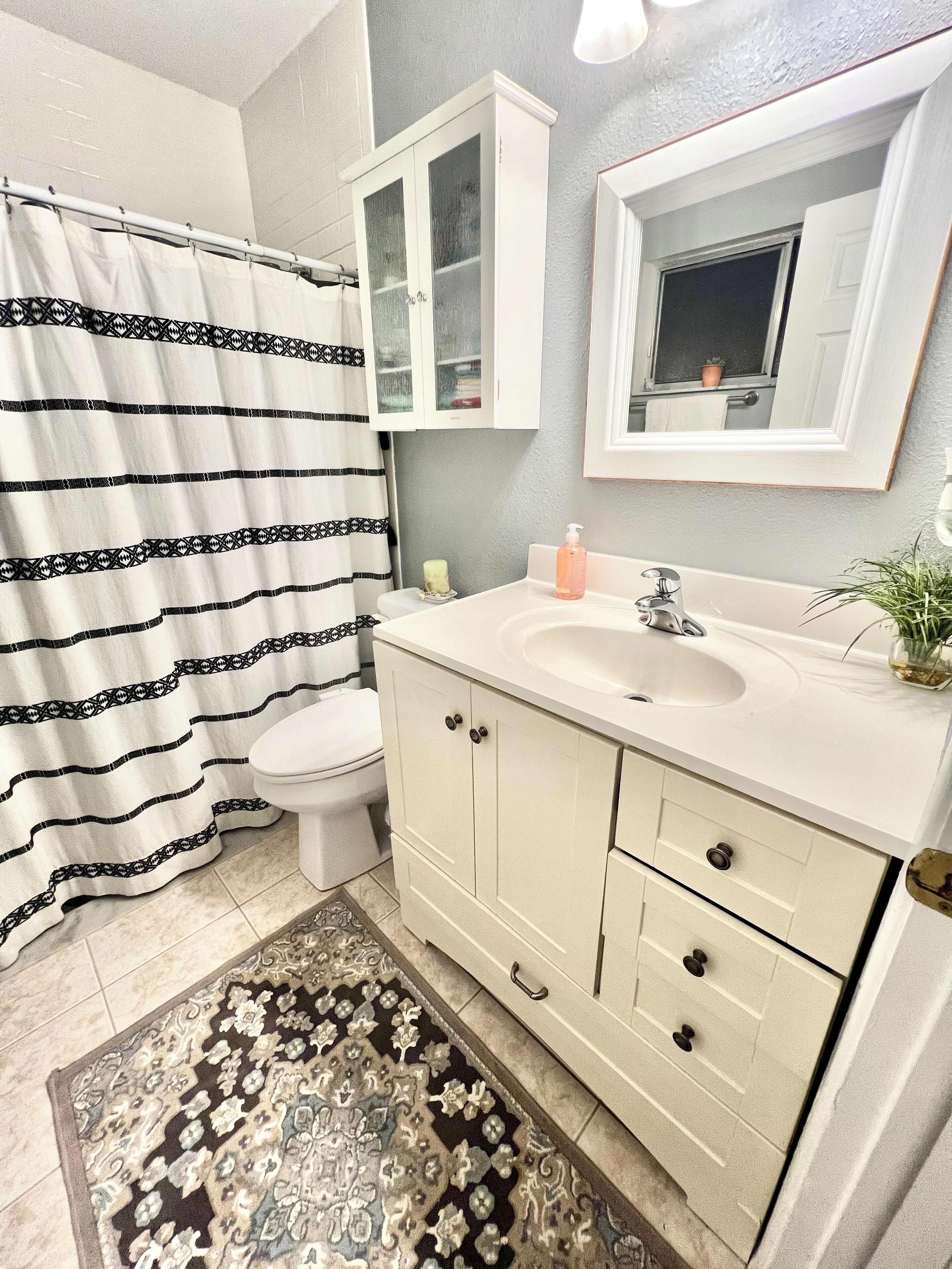 Shower, hair dryer, bidet, towels