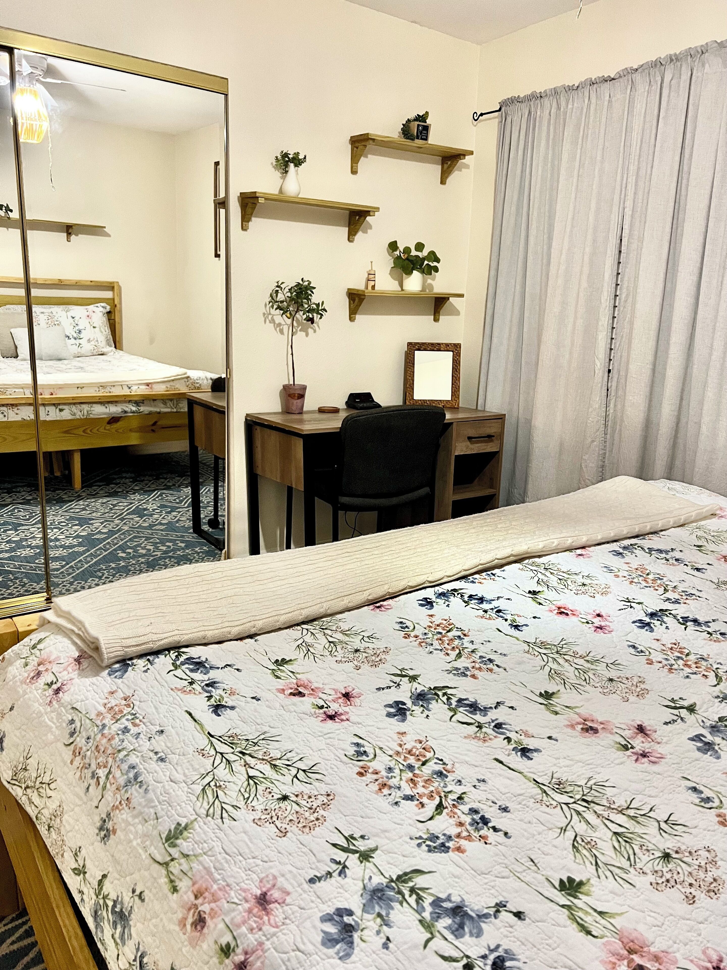 A hotel room with a bed, a desk, a chair, a mirror, and two shelves with plants.