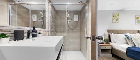 Shower, hair dryer, towels
