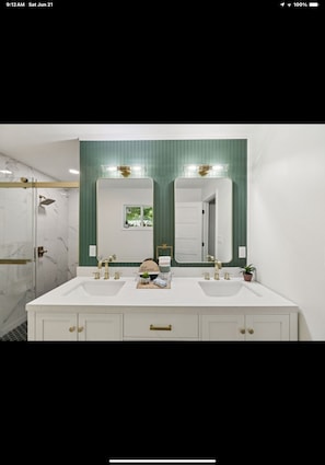 Shower, eco-friendly toiletries, hair dryer, towels