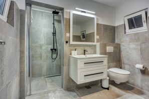 A modern bathroom with a glass shower enclosure, a white vanity with a mirror, and a toilet.