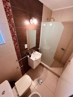 Hair dryer, towels, toilet paper