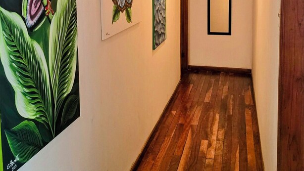 A hallway with wooden flooring, white walls, and three framed artworks depicting a frog, a butterfly, and a person. - Cozy 3 bedroom House in Quepos center and near Manuel Antonio National Park (Quepos)