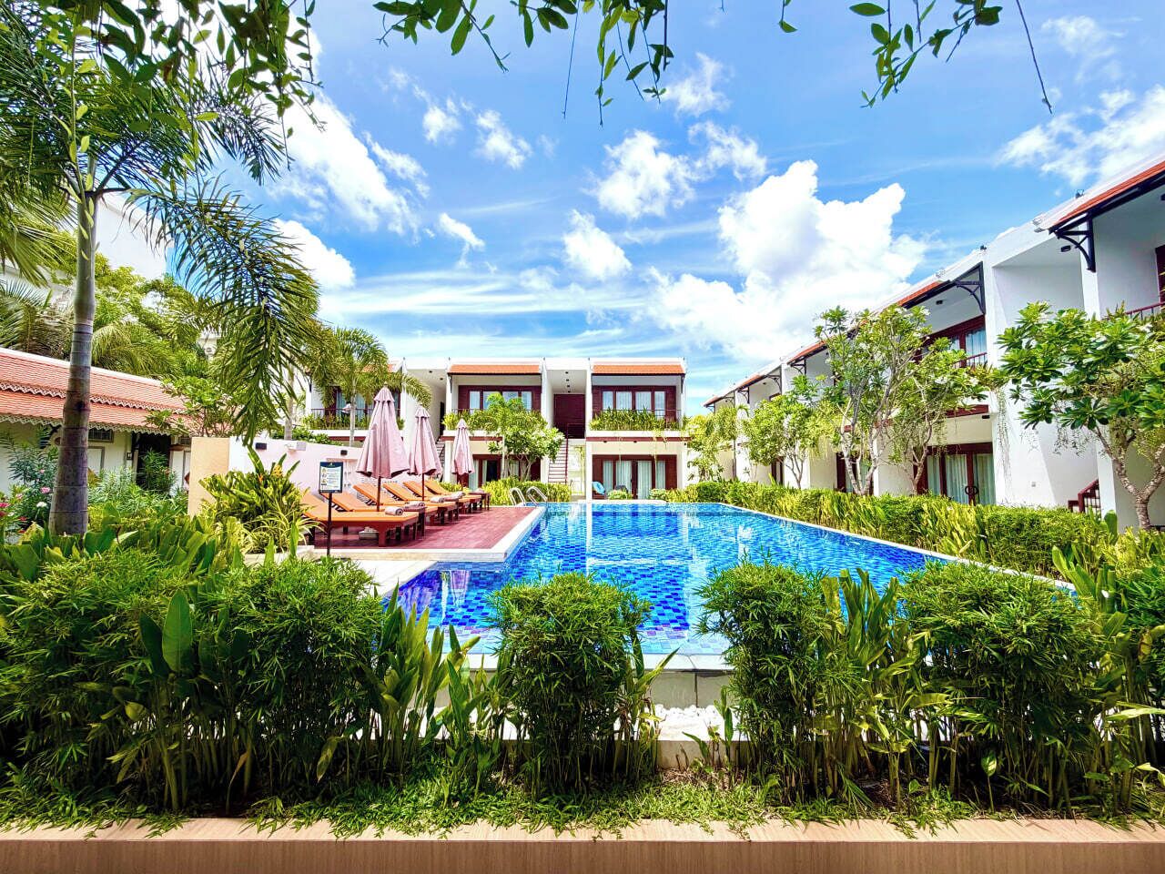 A swimming pool surrounded by lush greenery, with a building in the background.