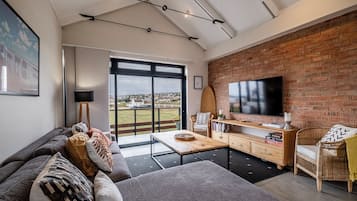 Smart TV, fireplace, books