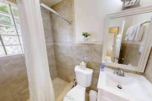 Shower, hair dryer, towels