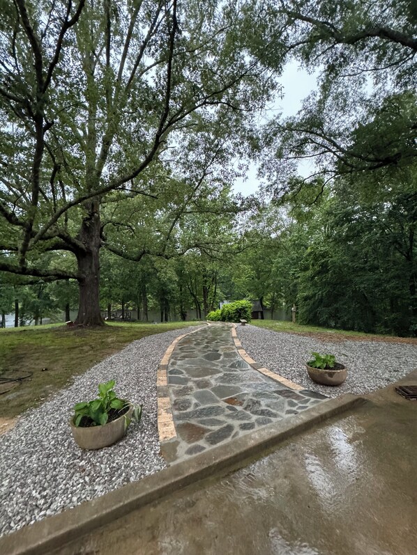 Un sendero de piedra serpentea por un parque con árboles grandes y una masa de agua al fondo.