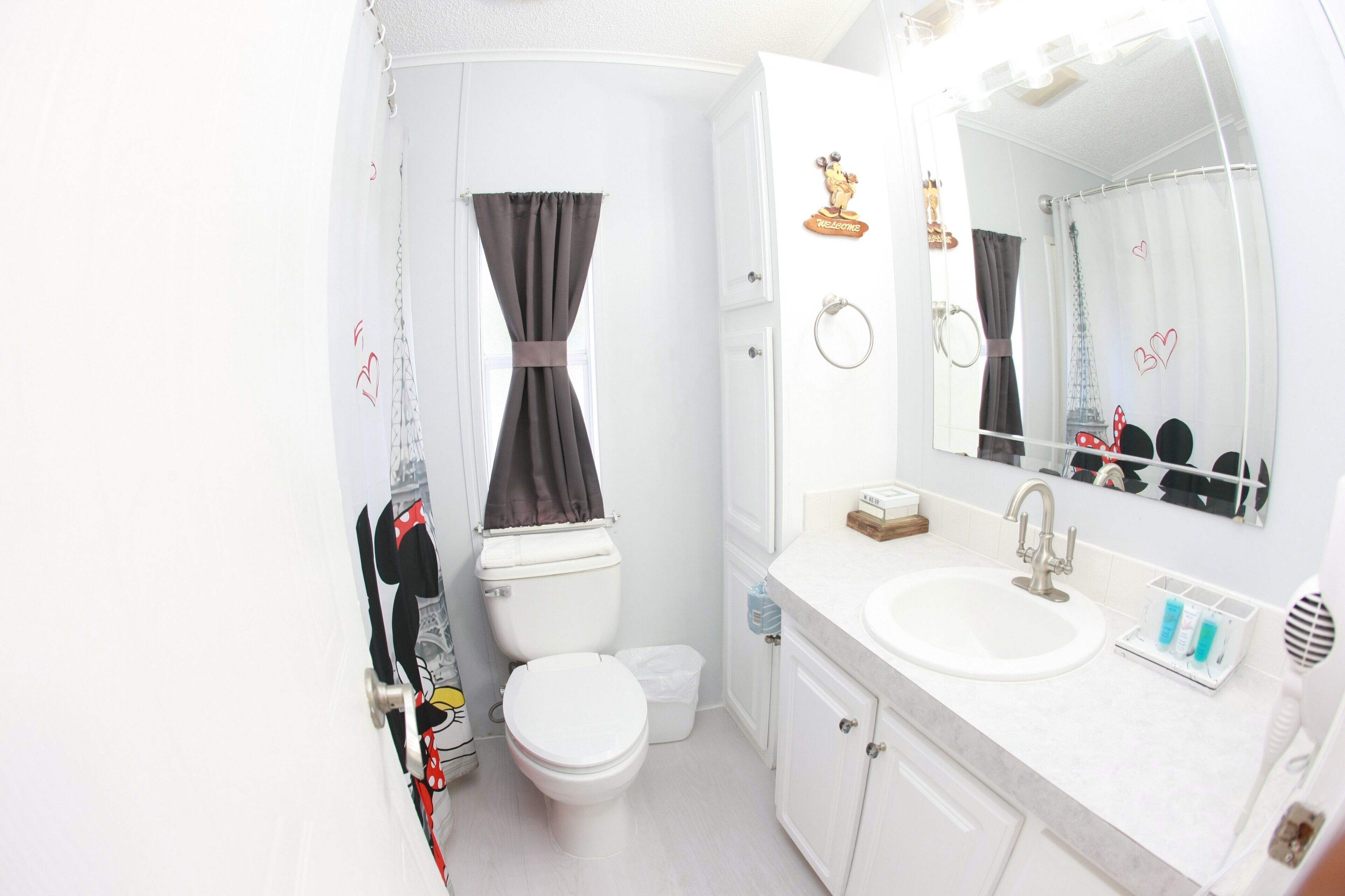 A bathroom with a toilet, sink, and mirror.