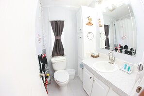 Hair dryer, bidet, towels, soap