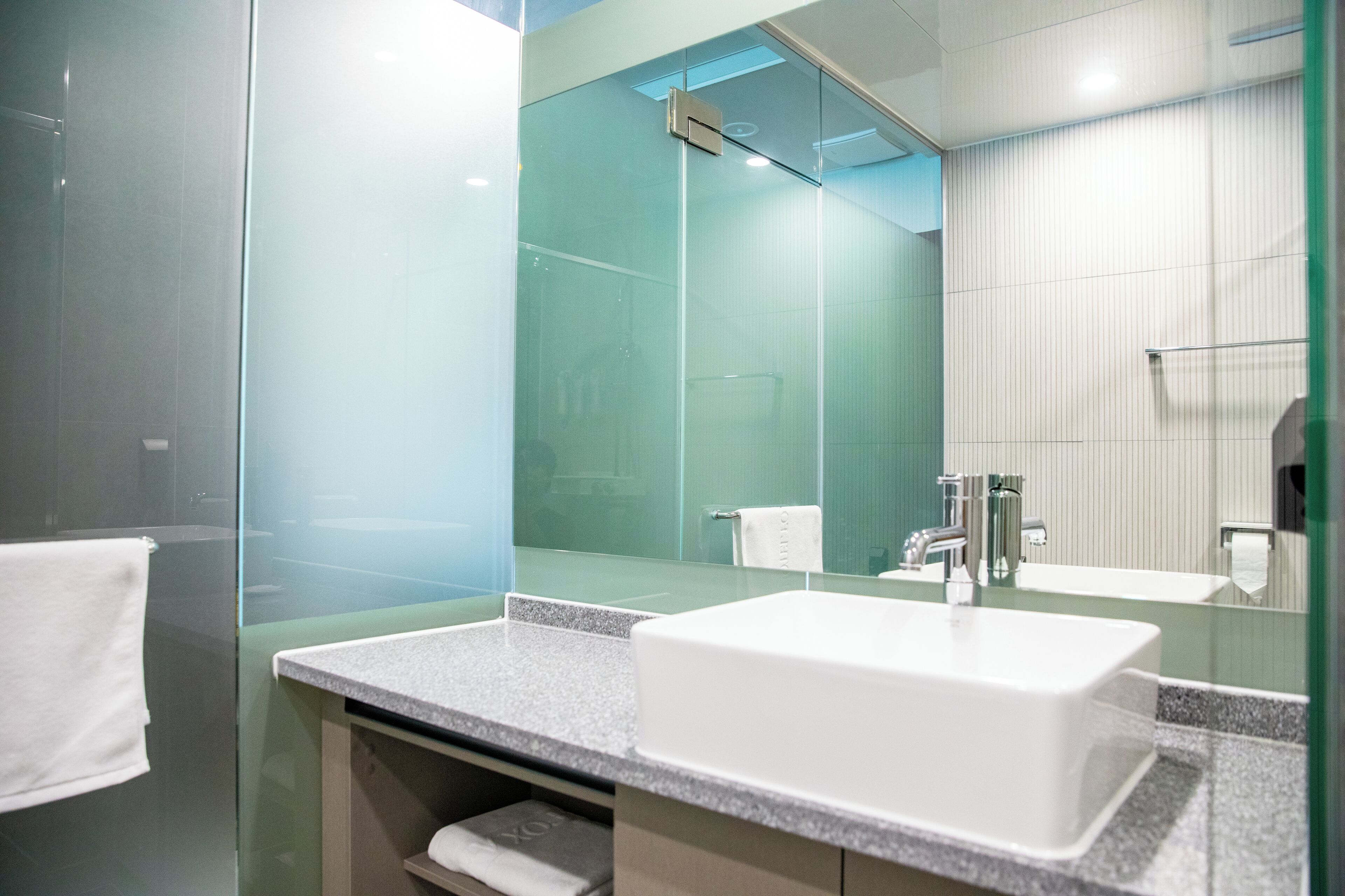 Un baño moderno con cabina de ducha de vidrio, un lavabo blanco y un espejo grande.