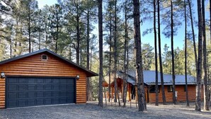 Une cabane en rondins avec un garage, entourée de grands pins.