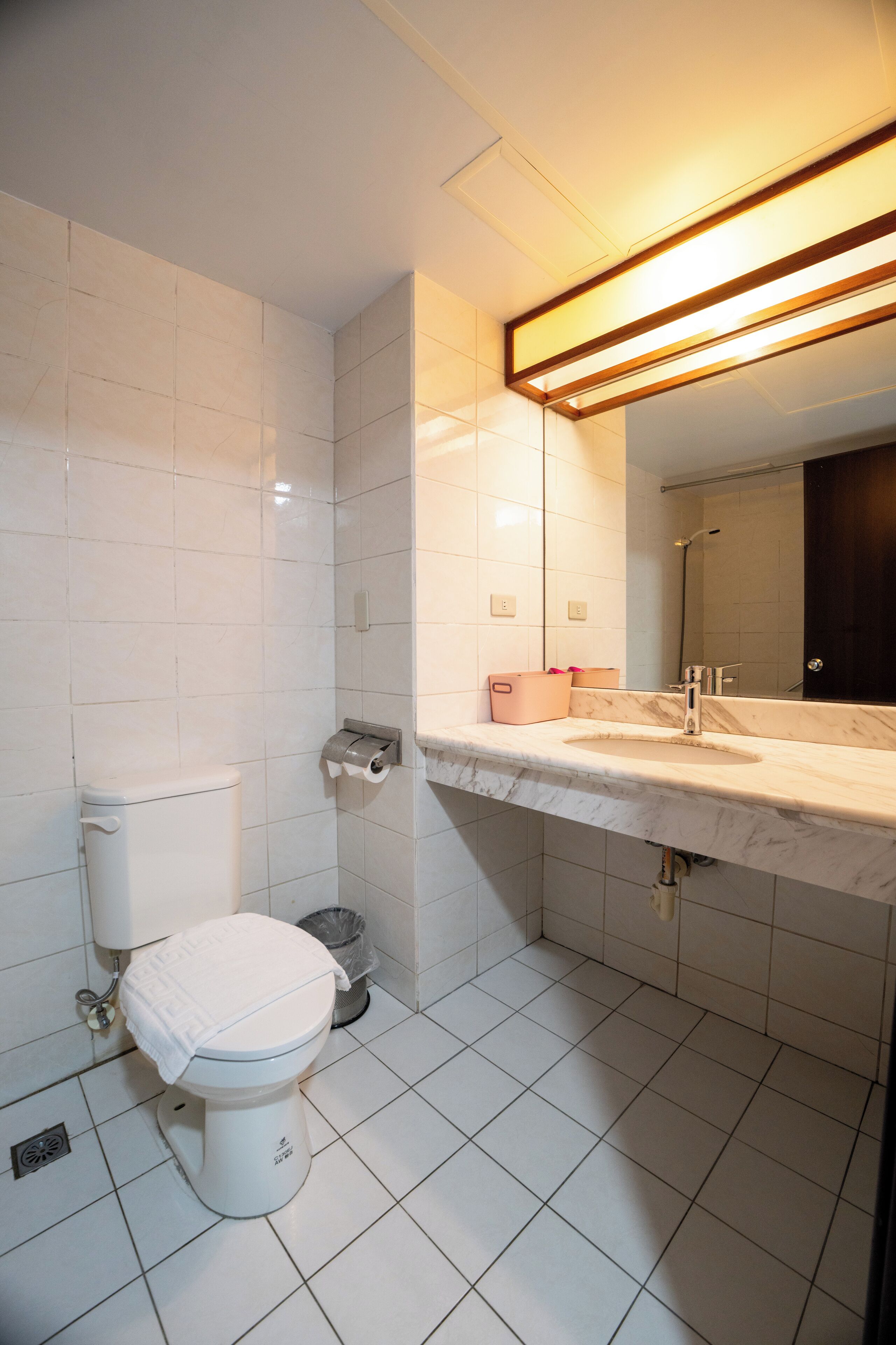 Une salle de bain moderne avec des toilettes, un lavabo et un miroir.