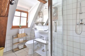 Shower, hair dryer, towels